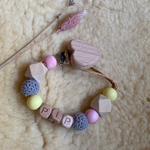 Speenkoord geel/roze met naam